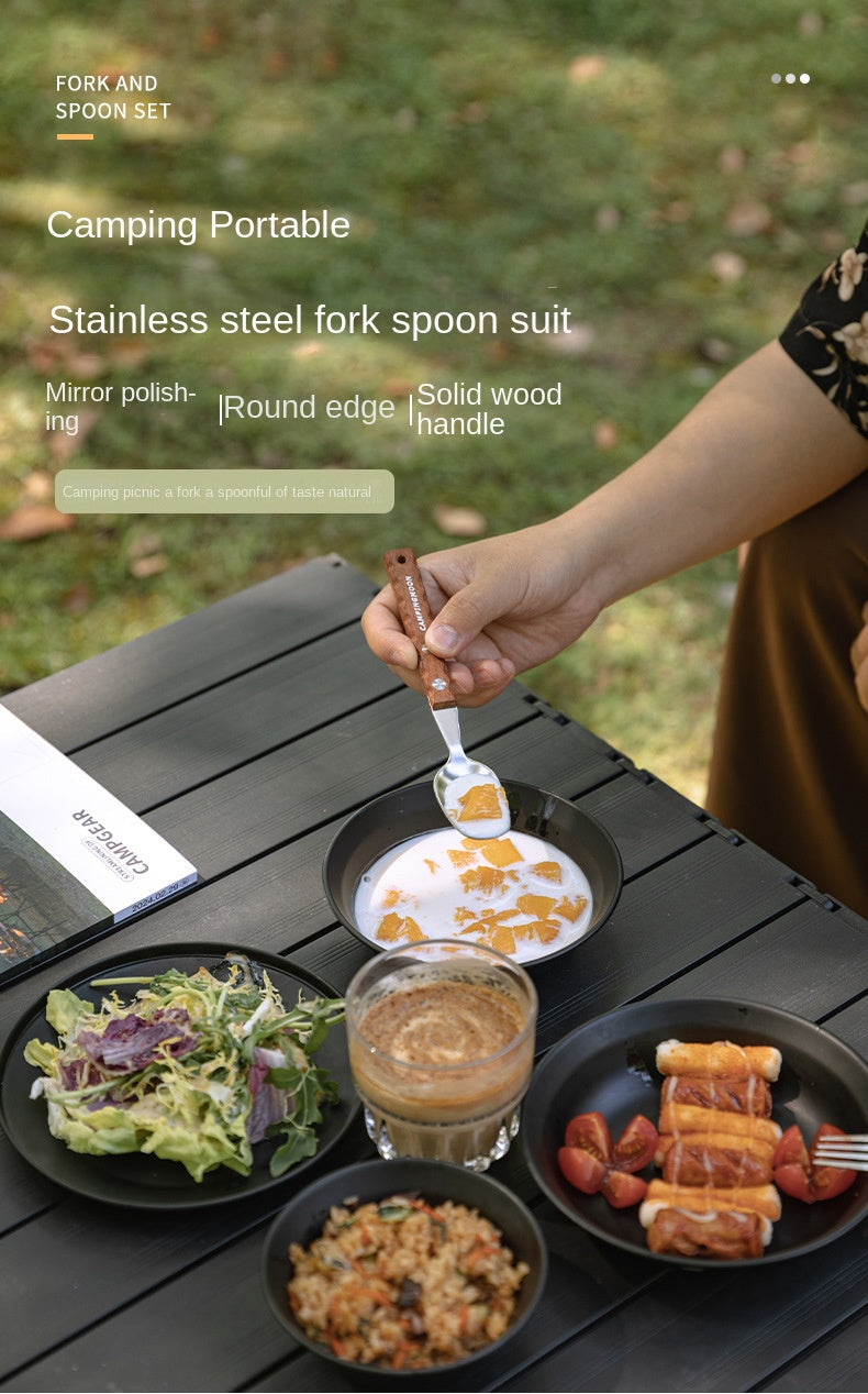 Campingmoon CS-23 Fork Spoon Two Piece Set Outdoor Portable Stainless Steel Solid Wood Handle Tableware Fork Spoon Wooden Handle Hanging Design