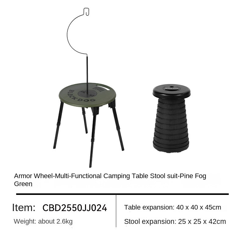 BLACKDOG ARMORED WHEEL Round Table Set Portable Ultralight Foldable Round Table With Lamp Light Hook Folding Tactical Black Table Chair Camping