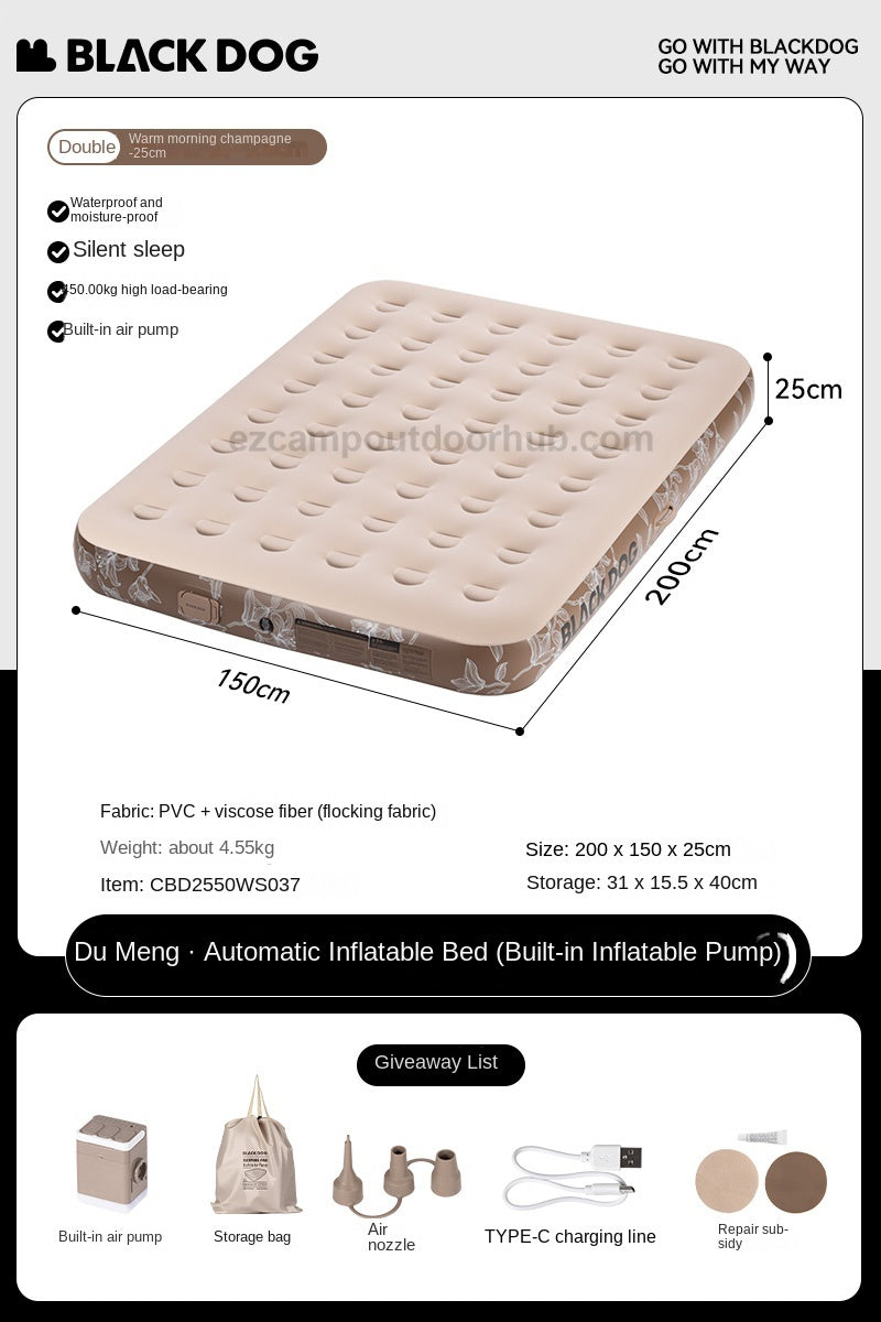 Blackdog CLOUD NEST Automatic Air Inflatable Bed Sleeping Pad 1-2 Persons Camping Home Use Single Queen Size Mattress Built-in Electric USB Charging Air Pump Lamp