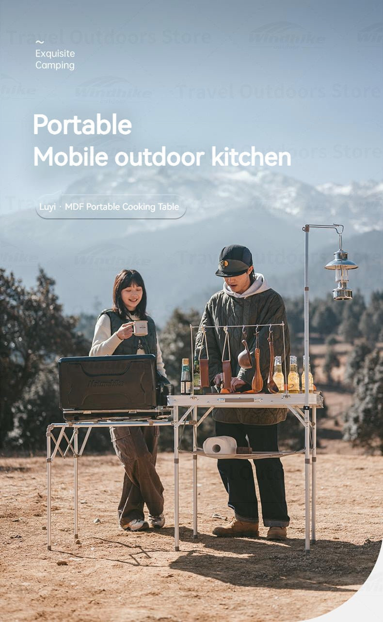 Naturehike MDF Kitchen Working Table Portable Suitcase Storage Design Folding Mobile Kitchen Aluminum Alloy Bracket 50kg Max Load with Lamp Pole