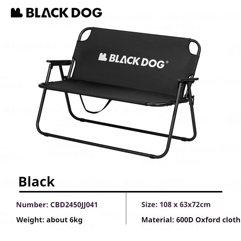 BLACKDOG 2 Person Double Folding Chair Outdoor Portable Sofa 240KG Max Load Foldable Seat Iron Pipe 600D Oxford Cloth Black