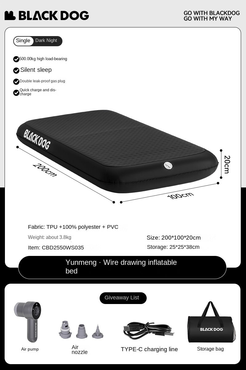 Blackdog DREAM CLOUD Air Inflatable Bed Premium Brushed Thick Black Ultra Comfortable Soft Outdoor Sleeping Pad Mattress USB Charging Air Pump