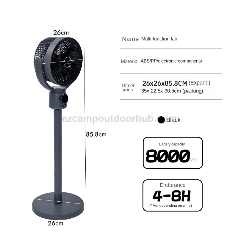 Mountainhiker Portable Oscillating Stand Fan Multifunctional Omnidirectional 3D Fan Wireless USB C Charging 8000mAh Battery Up To 8H Working Time Outdoor