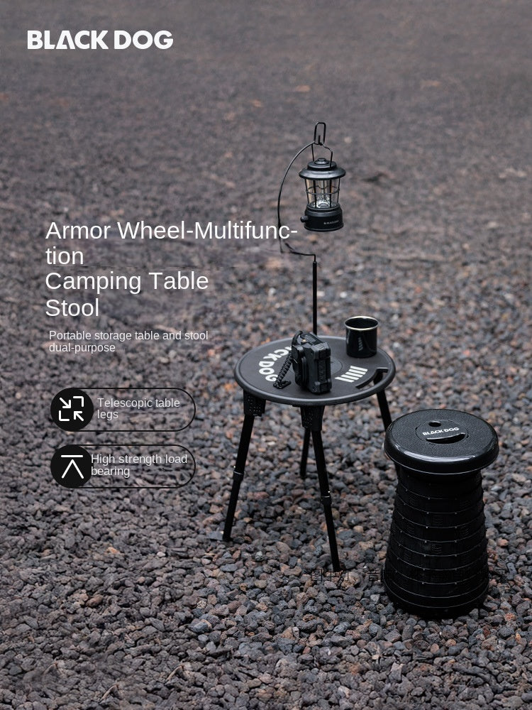 BLACKDOG ARMORED WHEEL Round Table Set Portable Ultralight Foldable Round Table With Lamp Light Hook Folding Tactical Black Table Chair Camping