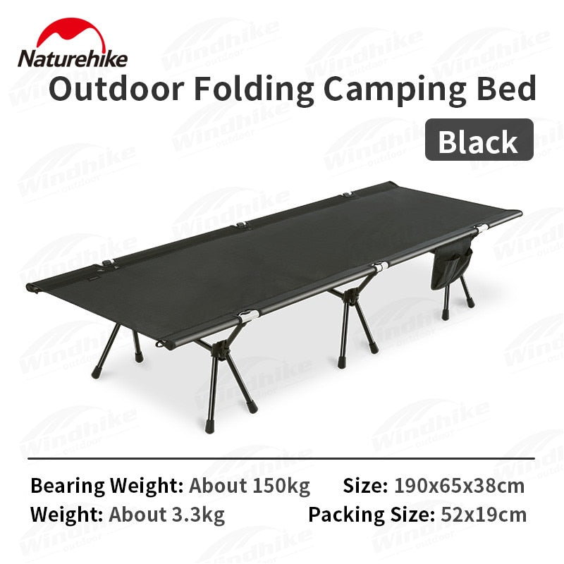 Naturehike Outdoor Folding Camp Bed Portable Black Foldable Cot Bed Aluminum Easy Assemble High and Low Camping 150kg Max Load Heavy Duty Nature Hike