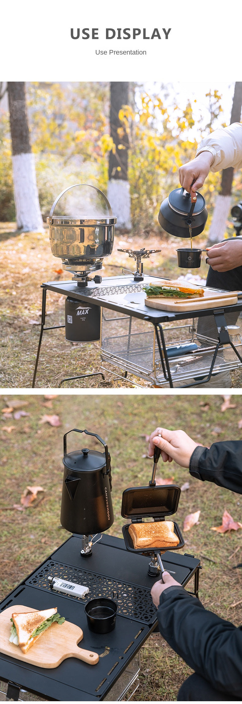 Campingmoon BKZ06 Dual Stove Bracket Mount IGT Compatible Black Double Threaded Butane Gas Canister Burner Half Unit Integrated Grill Table Plate