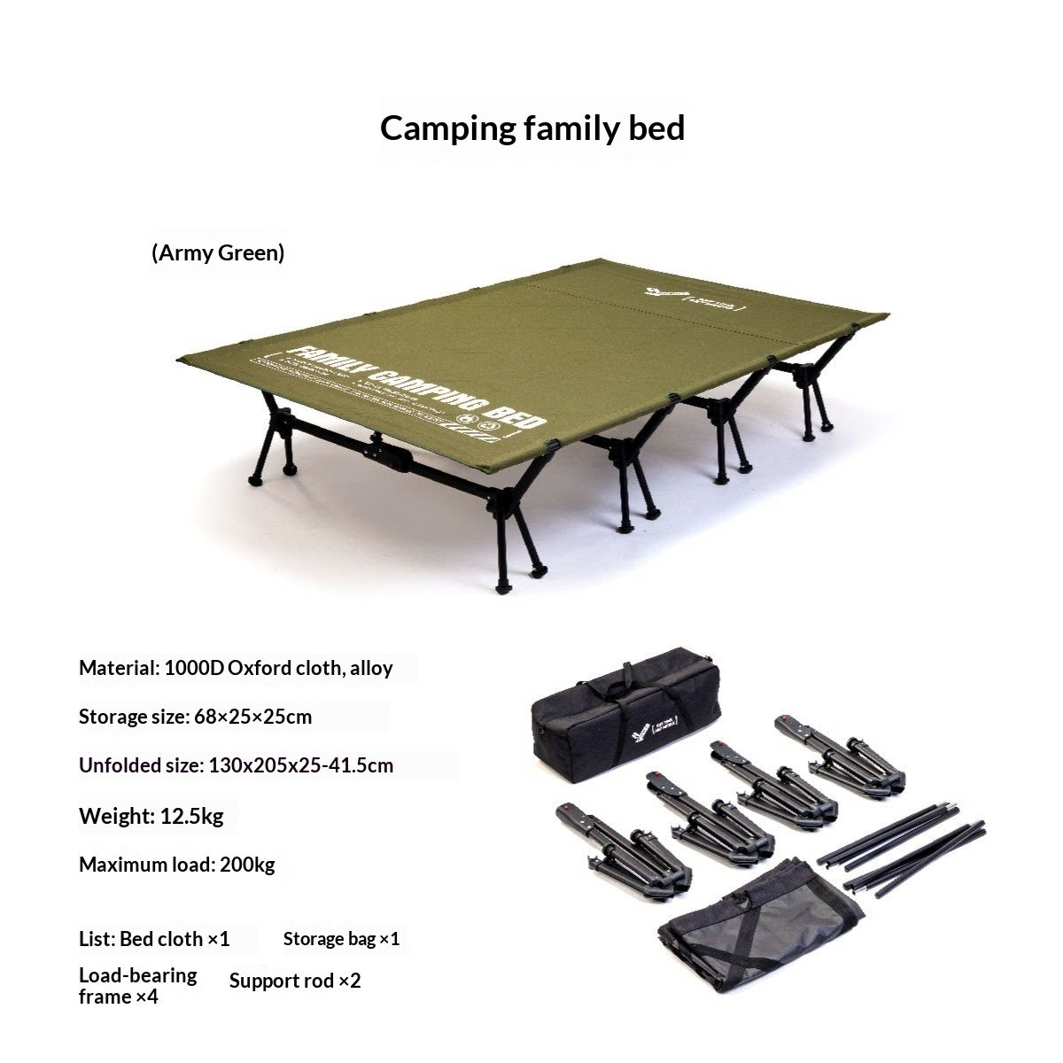 ANY CAMPING Family Camping Bed Quick Setup 2-Person Extra Wide Adjustable Folding Cot Load Bearing 200kg 130x205cm Heavy Duty 1000D Oxford Fabric