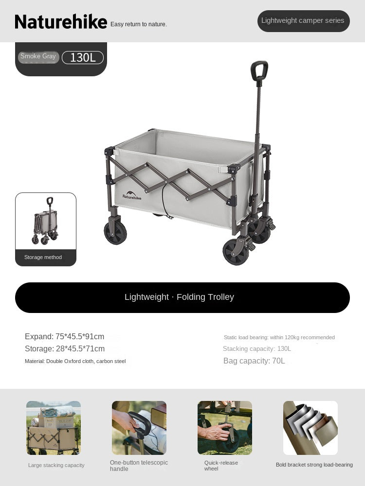 Naturehike Mini Foldable Trolley Cart Multipurpose 50/70L Large Capacity Utility Wagon Carrier Push Cart Outdoor Folding Storage Camping Shopping