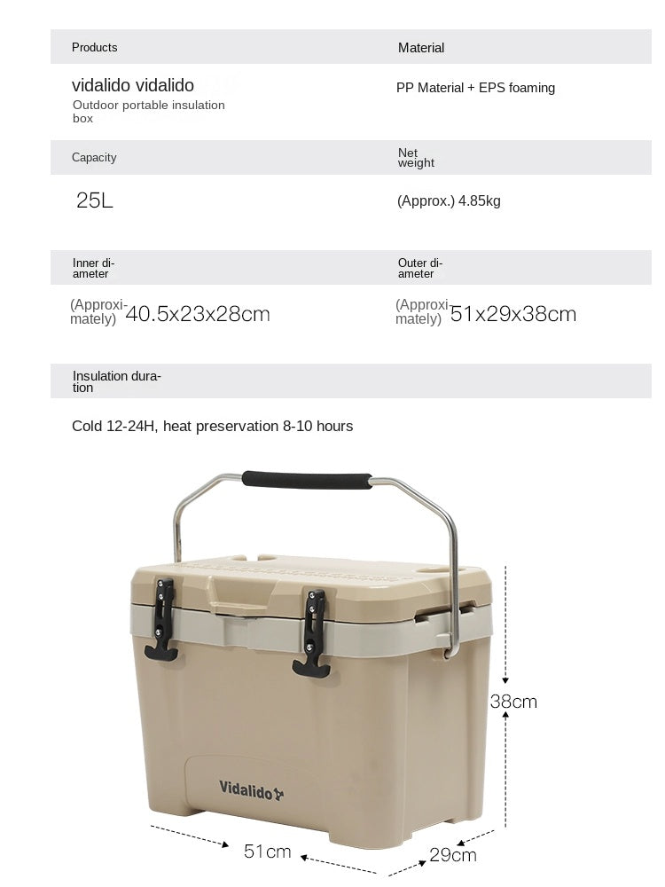 Vidalido 25L Camping Cooler Portable Lightweight Multipurpose Insulated Storage Box Car Refrigerator Cold Up To 24H Outdoor PP Material