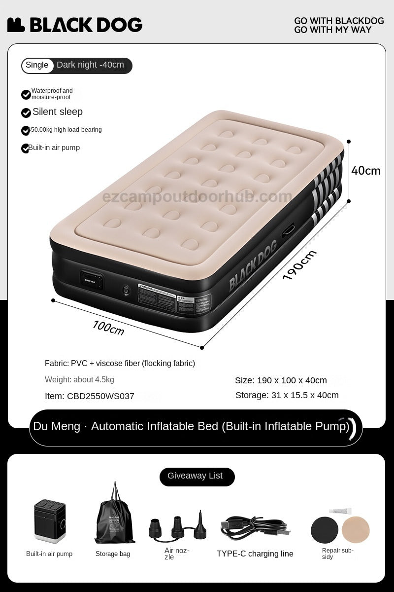 Blackdog CLOUD NEST Automatic Air Inflatable Bed Sleeping Pad 1-2 Persons Camping Home Use Single Queen Size Mattress Built-in Electric USB Charging Air Pump Lamp