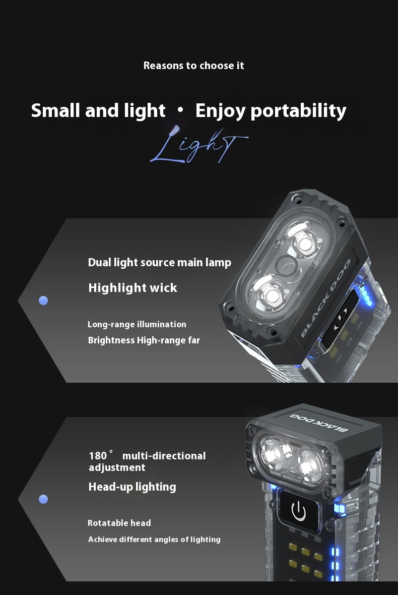 BLACKDOG NIGHTFALL Pocket Flashlight Portable Ultralight Multi-directional Dual Light Source Main Light 180° Adjustment Flashlight Headlamp