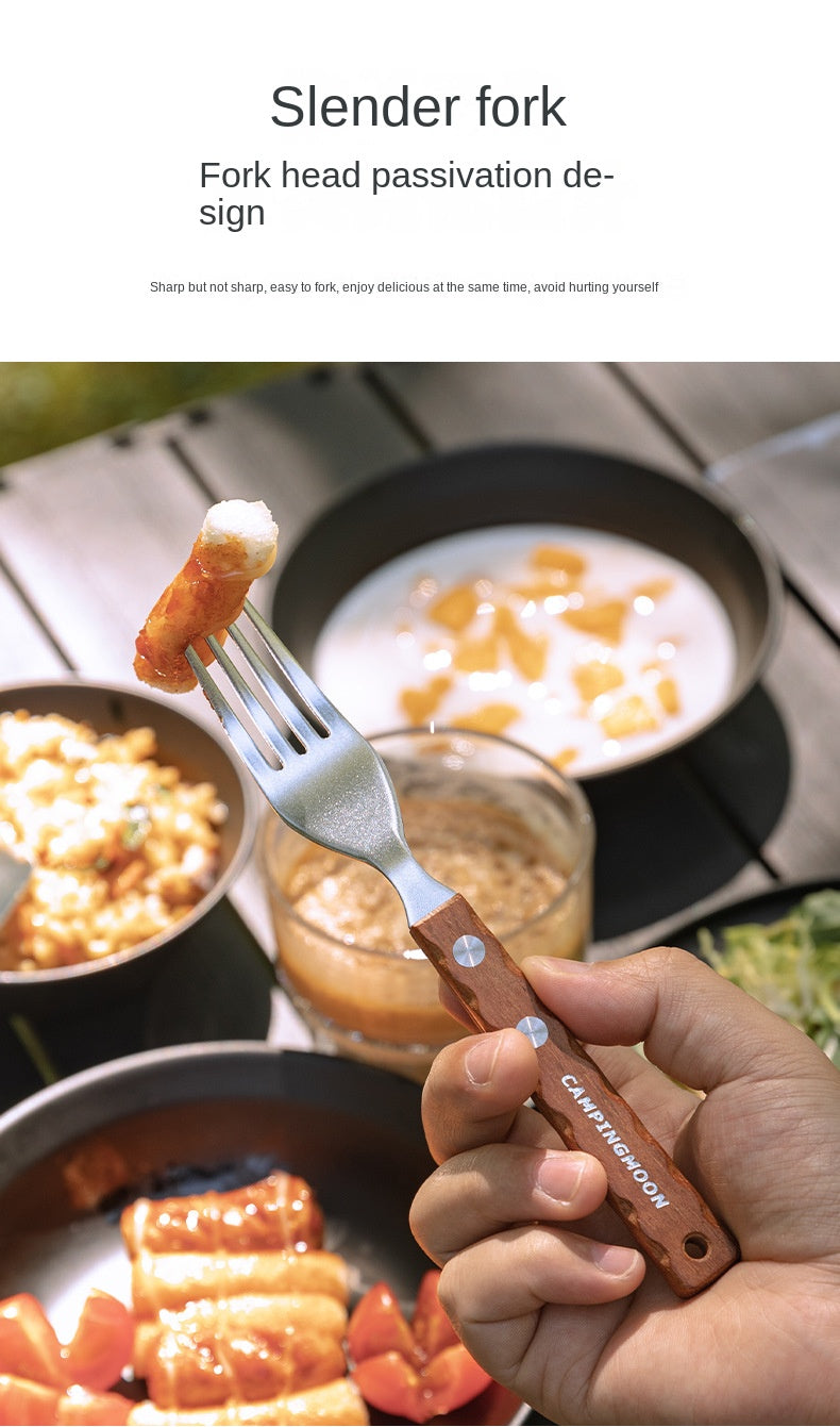 Campingmoon CS-23 Fork Spoon Two Piece Set Outdoor Portable Stainless Steel Solid Wood Handle Tableware Fork Spoon Wooden Handle Hanging Design