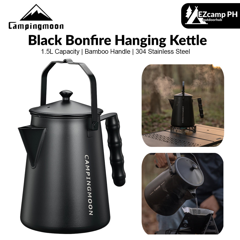 Campingmoon BKSW-6 Black Bonfire Hanging Kettle Cookware Pot Boiling Water Hand Brewed Tea Coffee Pot Fire Place 304 Stainless Steel Cooking Equipment
