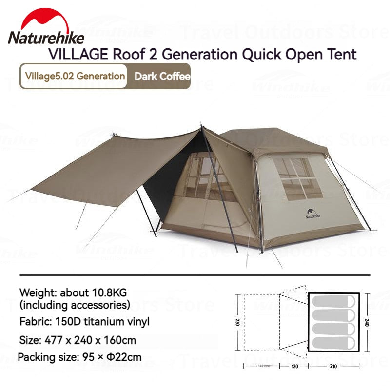 Naturehike VILLAGE 5.0 Gen 2 Automatic Tent Fast Build Cabin Style 5m² Space for 4 Person Waterproof Quick Open Glamping Camping Large Canopy Area