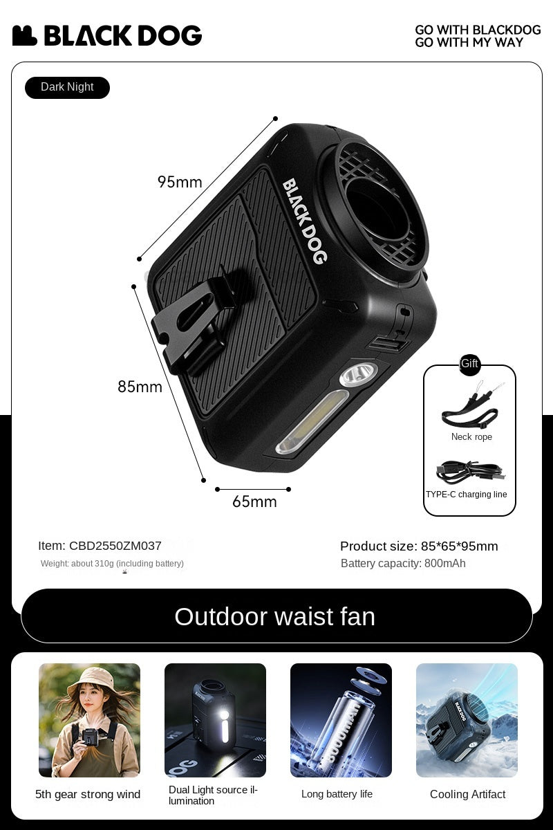 Blackdog COOLING Waist & Neck Fan Multipurpose Outdoor Handheld Electric Fan With Built-in Flashlight Wireless USB Charging Camping Travel Hiking Activity