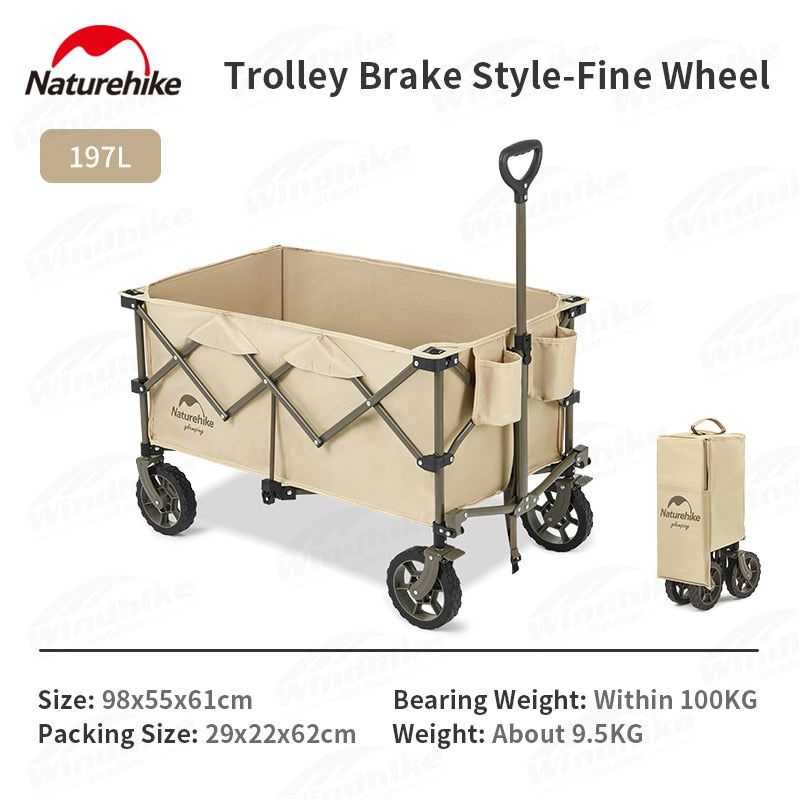 Naturehike TC02 Outdoor Camping Trolley 197L Cart Fine Wheel or Rough All Terrain Wheels Stable Brake Wheel 4 Way Folding with Optional Table Board