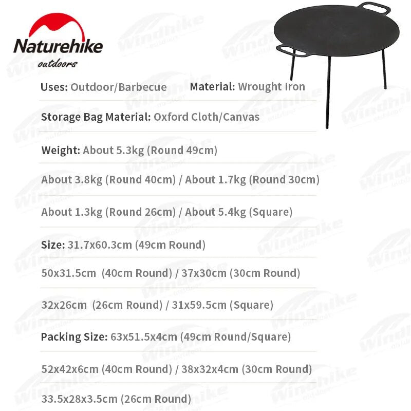 Naturehike Large Baking Cooking Pan Non-Stick High Round Square Tripod Stand Stove Grill Top Frying Pan Korean BBQ Grilling Cast Iron with Storage Bag