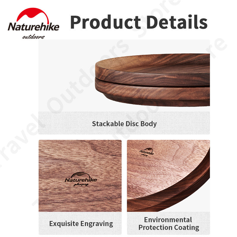 Naturehike Ultralight Black Walnut Wood Plate Portable Tableware Solid Wood Outdoor Western Food Fruit Salad Plate Camping Hiking Picnic Beach Travel Dish Diameter 20cm Original Nature Hike
