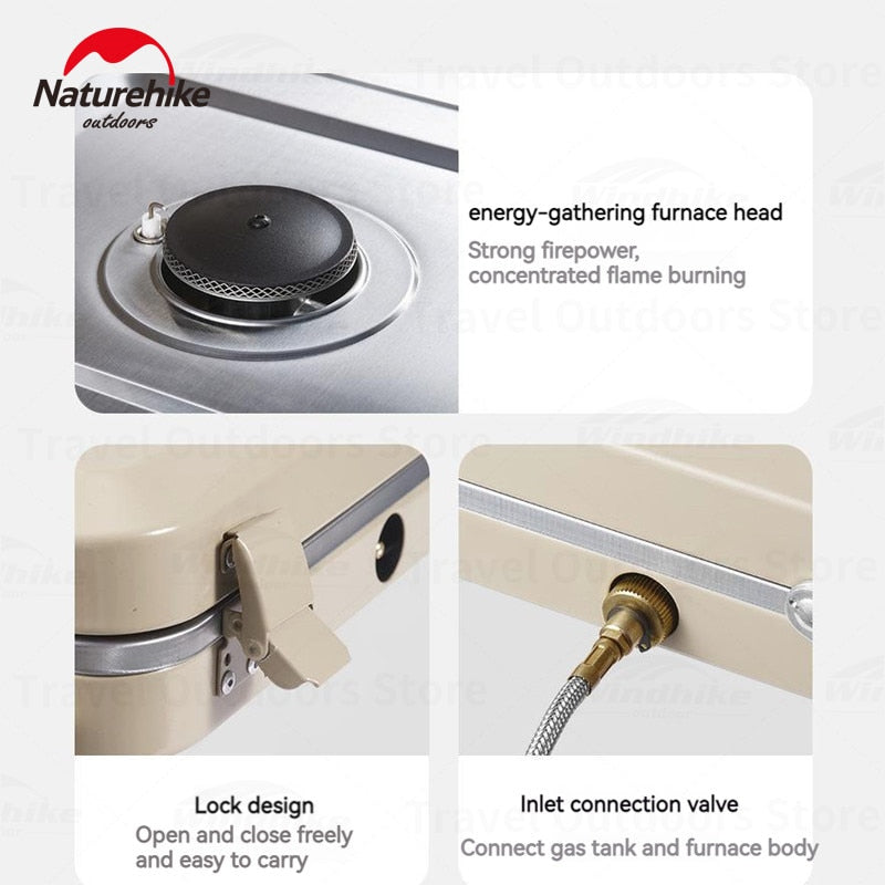 Naturehike LEYAN Double Head Portable Stove Outdoor Camping Kitchen 2 Burner Dual Ignition Butane Gas Burner Windshield Stand 2.5kw Firepower Furnace