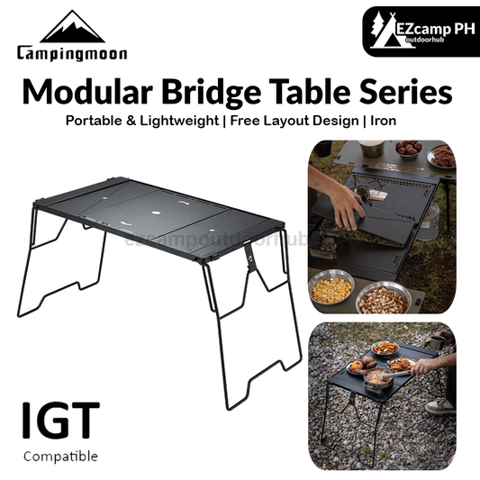 Campingmoon Modular Bridge Table Series Foldable Multiple Configuration IGT Compatible Outdoor Camping Black Folding Integrated Grill Kitchen Table