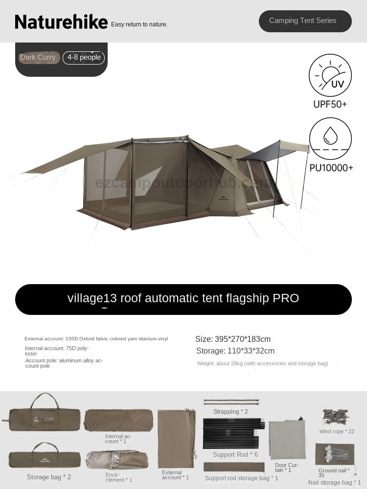 Naturehike VILLAGE 13 Flagship PRO Series Fast Build Automatic Cabin Style Tent 4-8 Person Outdoor Waterproof Ti Black Vinyl Coated Sunscreen Gen 3