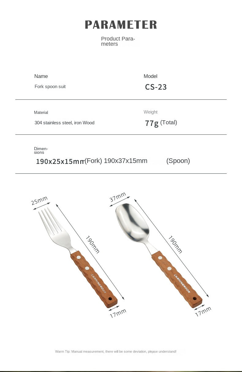 Campingmoon CS-23 Fork Spoon Two Piece Set Outdoor Portable Stainless Steel Solid Wood Handle Tableware Fork Spoon Wooden Handle Hanging Design
