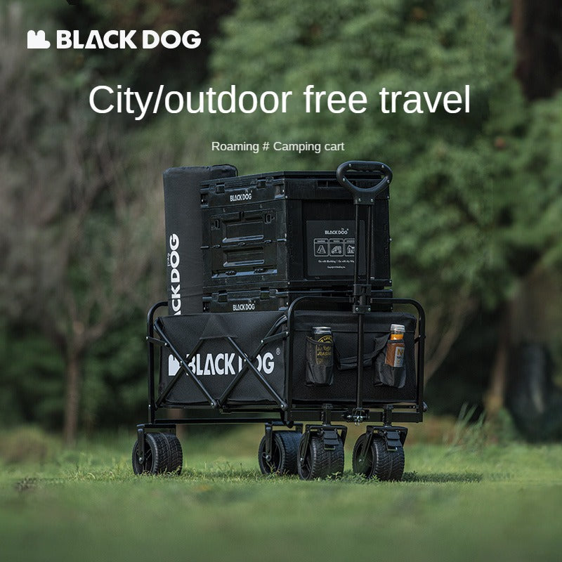 BLACKDOG CITY WALK Black Outdoor Trolley 100L Capacity 200kg Max Load All Terrain Thick Wheels with Brakes 600D Oxford Steel Frame Heavy Duty Camping Cart Wagon Carrier Black Dog