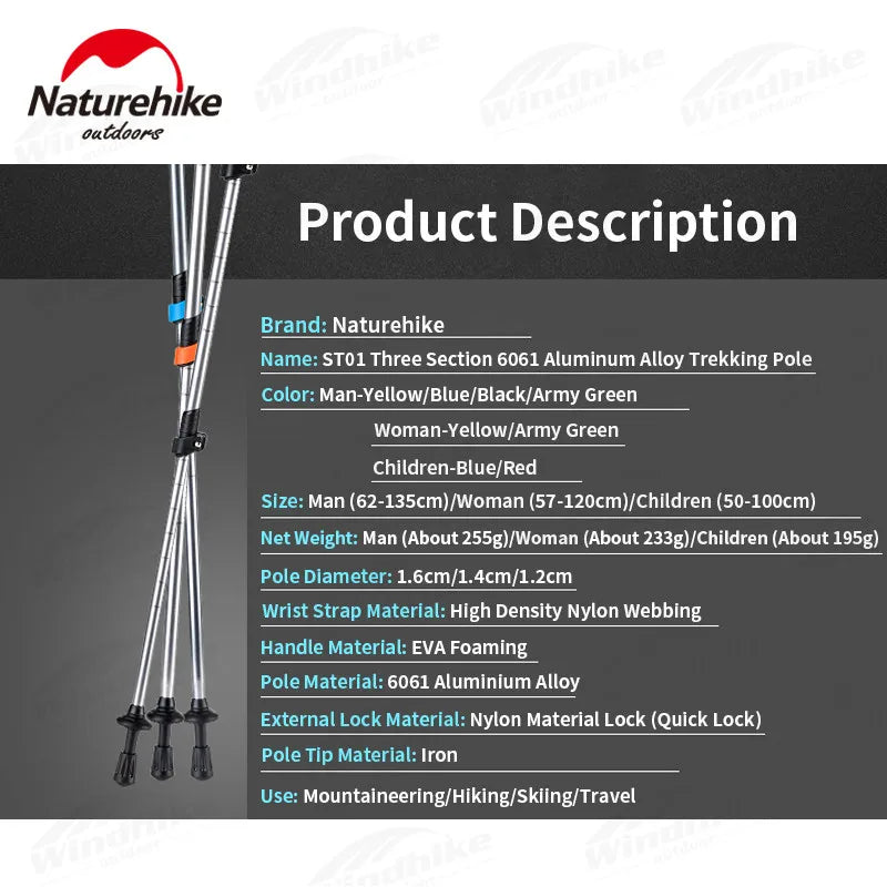 Naturehike ST01 v2 Aluminum Alloy Hiking Trekking Pole Rubber Tip Ultralight Heavy Duty Walking Trek Stick Telescopic Retractable Rod Upgraded