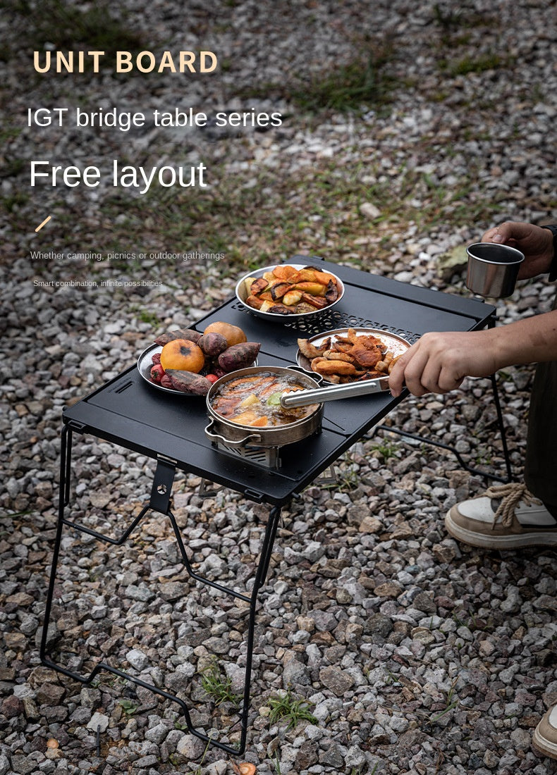 Campingmoon Modular Bridge Table Series Foldable Multiple Configuration IGT Compatible Outdoor Camping Black Folding Integrated Grill Kitchen Table