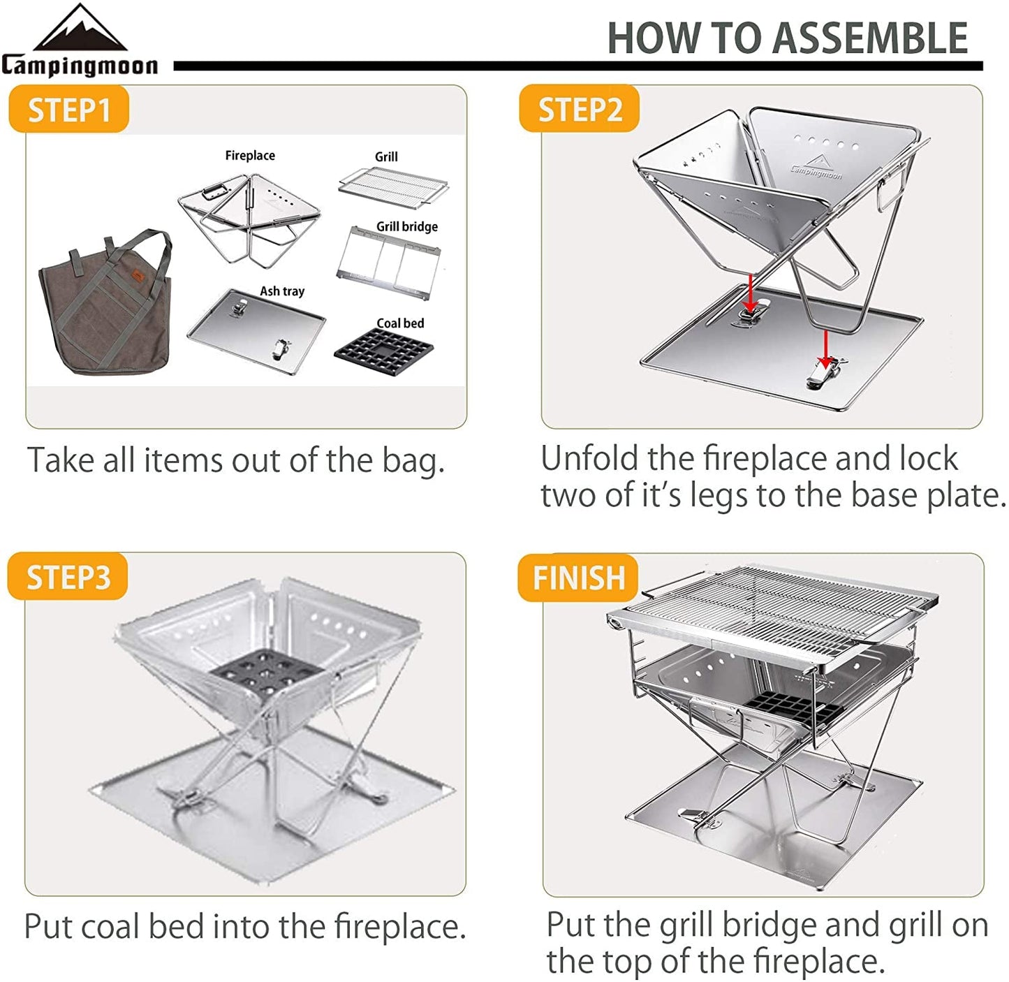 CAMPINGMOON MT PRO Series Camping Outdoor Portable Folding Small Medium Large Charcoal Grill Pure Stainless Steel Foldable Bonfire Pit Fire Wood Stove