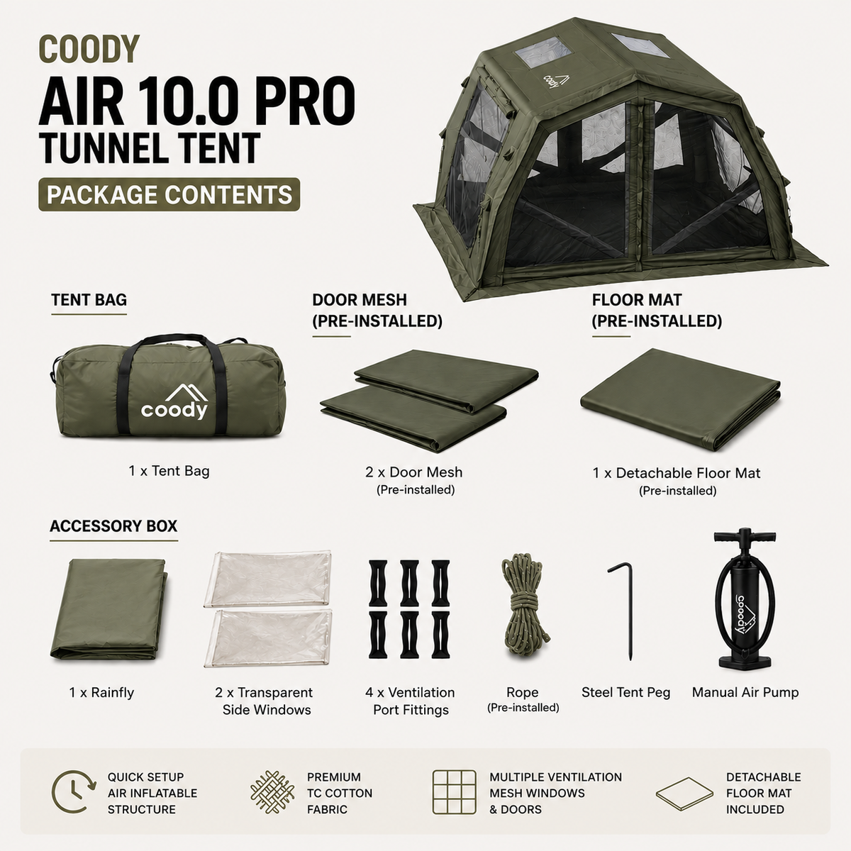 Coody AIR 10.0 PRO Tunnel Air Inflatable Tent Premium Multiple Setup Spacious Family Shelter Easy Setup Outdoor Camping