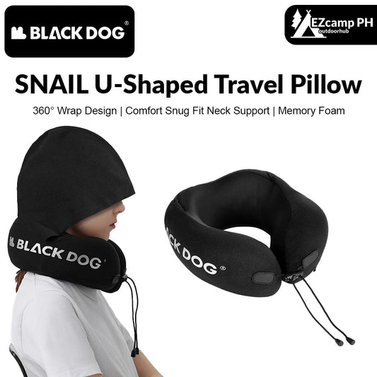 BLACKDOG SNAIL U-Shaped Hooded Memory Foam Black Travel Pillow Comfortable Snug Fit 360° Wrap Design Portable Neck Support Hood Head Cover Headrest with Storage Bag Black Dog