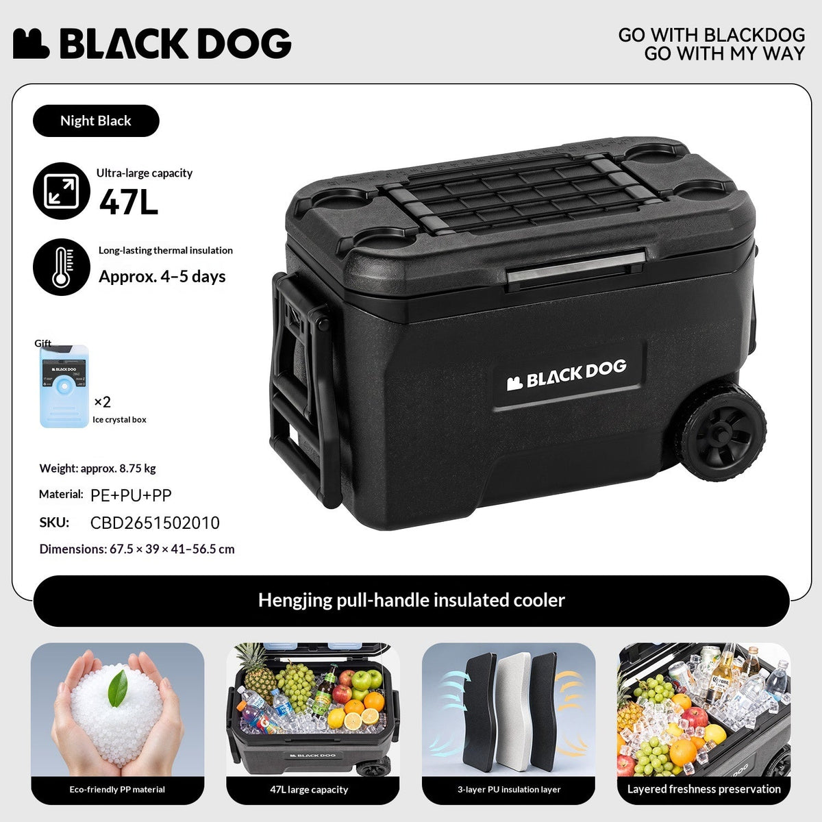 Blackdog 47L Wheeled Cooler Box with Pull Handle Large Capacity Ice Chest for Camping Outdoor Picnic