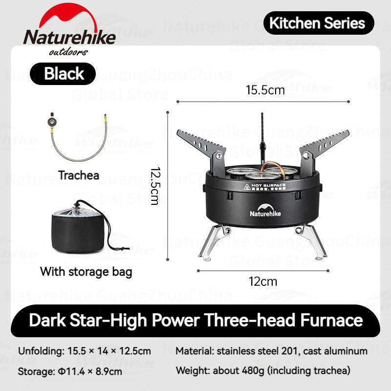 Naturehike DARK STAR Three Head Stove Camping 3300W High Power IGT Gas Stove Portable Foldable Ultralight Burner Furnance Cooker Heater Outdoor