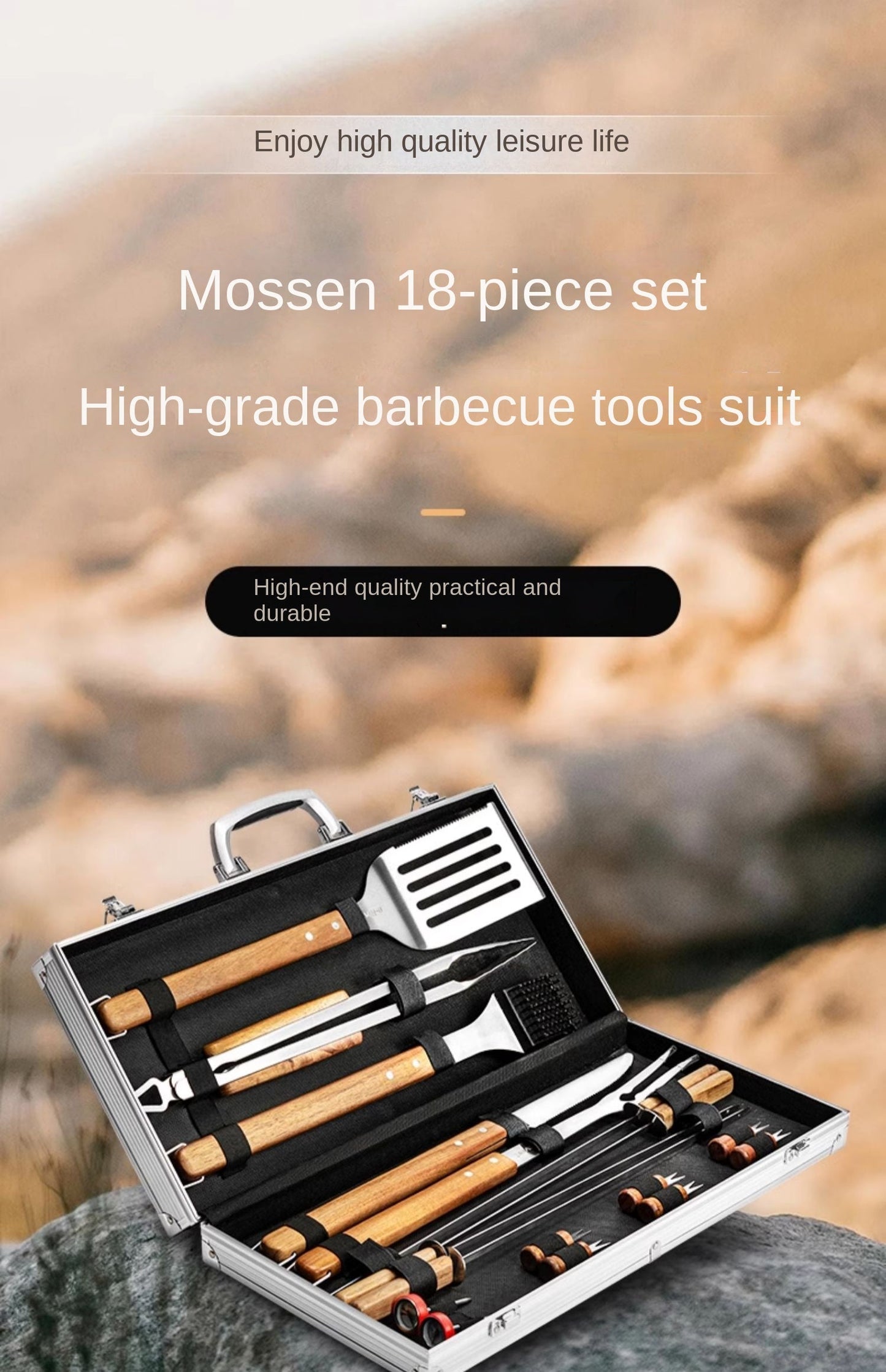 Redfox E-Rover 18pcs BBQ Tool Set Portable Lightweight Multifunctional Barbecue Grill Utensil Spatula Tong Clip Skewer Knife With Elegant Case Outdoor Camping Cooking Accessories Set