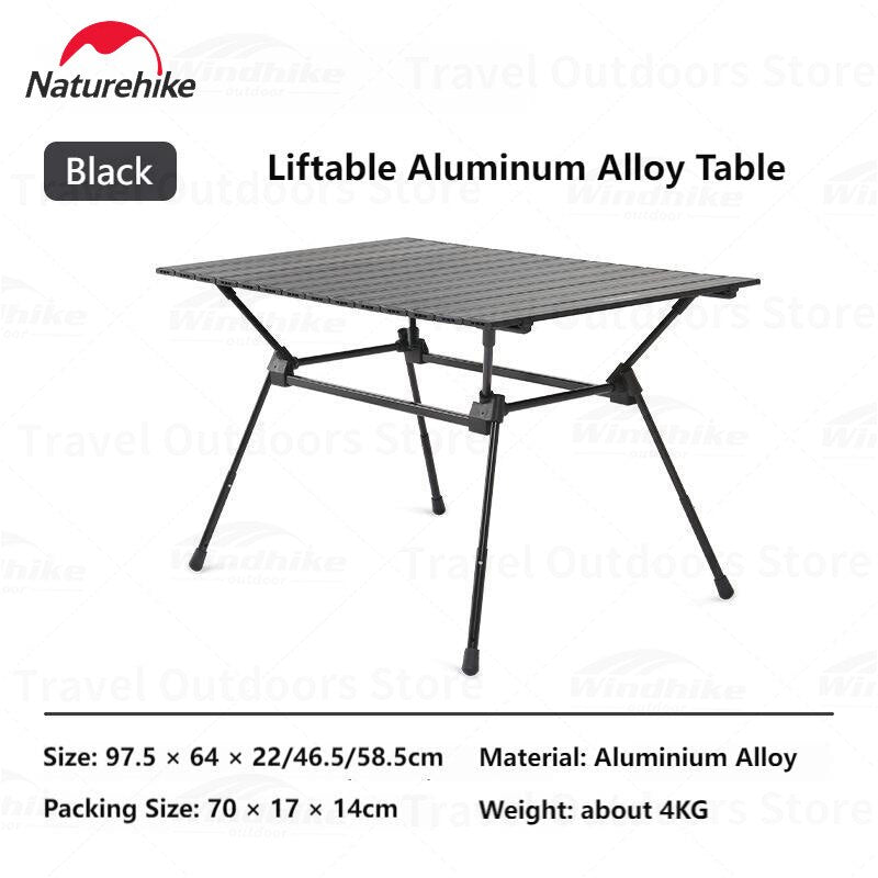 Naturehike FT12 Black Aluminum Egg Roll Camping Portable Folding Table 3 Level Height Adjustable up to 30kg Max Load Foldable Lifting Table