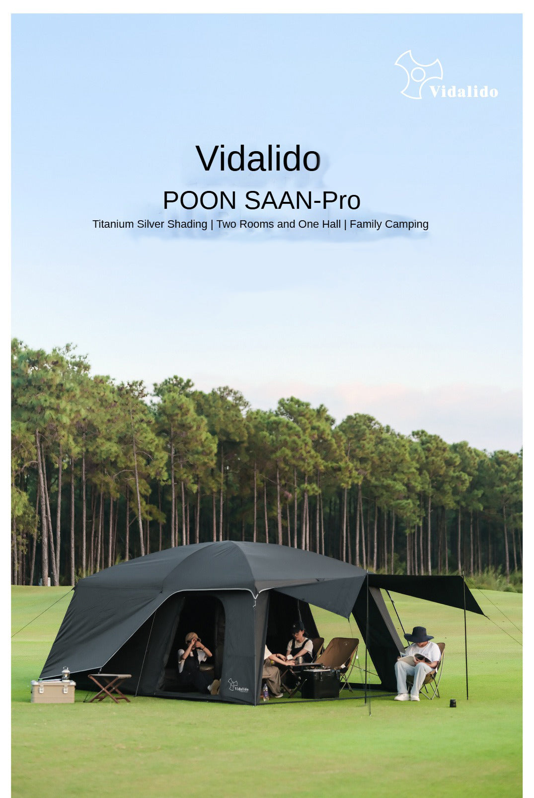 Vidalido POON SAAN PRO 8-10 Person Banshan Villa XL Cabin Black Camping Tent 15m² Interior Space 2 Bedroom Waterproof Titanium Silver Coated