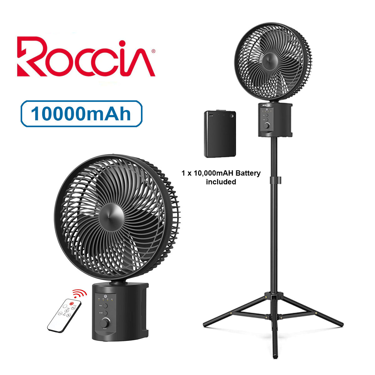 ROCCIA Oscillating Rechargeable Fan w/Remote Super Strong 7 Speeds 2 in 1 20000mAh (2*10000mAh) Cordless Battery-Operated Fan Outdoor Opolar RF66