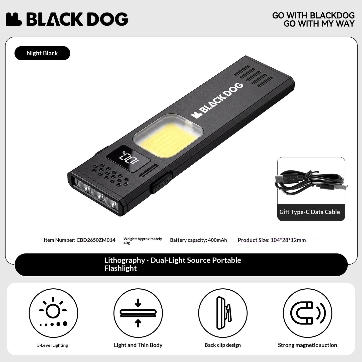 BLACKDOG Lithography Dual Light Source Portable Ultralight Flashlight 5 Adjustable Lighting Modes Magnetic Bottom Hiking Lighting Outdoor Camping