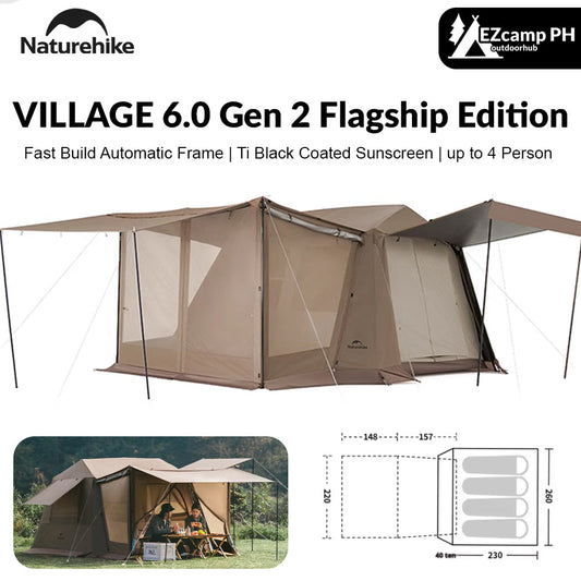 Naturehike VILLAGE 6.0 Gen 2 Flagship Edition Fast Automatic Cabin Tent Ti Black Coated Sunscreen Large 15m² Use Space 4 Person Waterproof