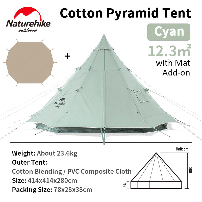 Naturehike BRIGHTEN Series 12.3 Pyramid Tent Blended Cotton Bell Camping Tent 12.3m² Large Family Group Luxury Shelter for 5 to 8 Person Tipi Tepee
