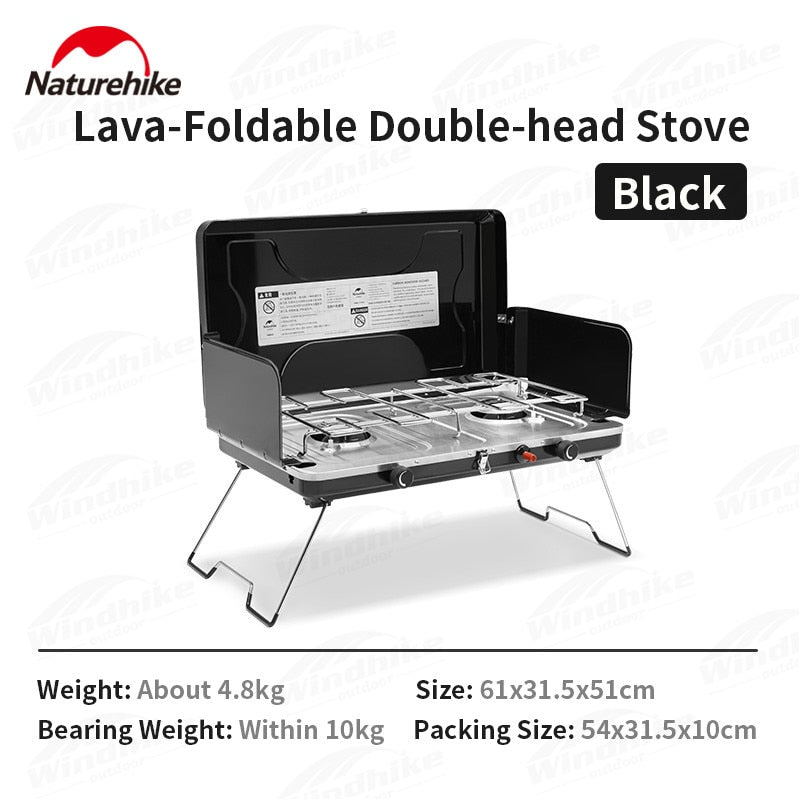 Naturehike Folding Double Camping Gas Stove Outdoor Portable Dual Head Butane Fuel 3000W Fire Power Burner with Foldable Wind Screen
