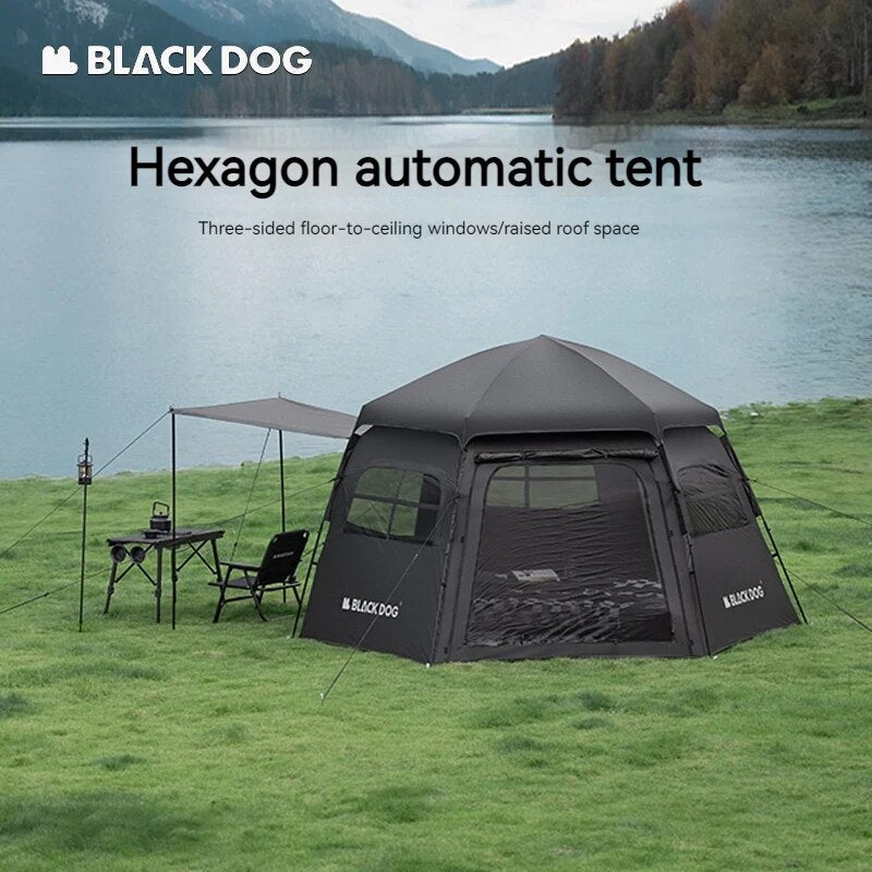 BLACKDOG Hexagonal Fast Automatic Tent Outdoor Camping Large 12.5m² for 4-6 Person Blackout Sunscreen 3 Side Awning Vinyl Coated Hexagon Auto Tent