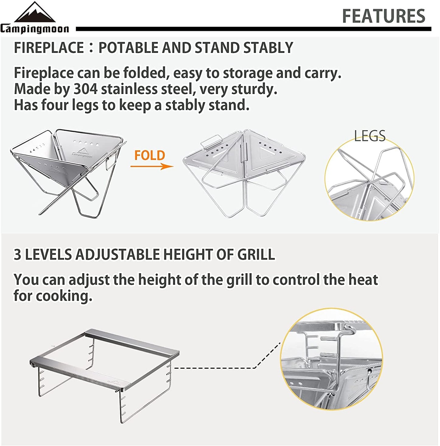 CAMPINGMOON MT PRO Series Camping Outdoor Portable Folding Small Medium Large Charcoal Grill Pure Stainless Steel Foldable Bonfire Pit Fire Wood Stove