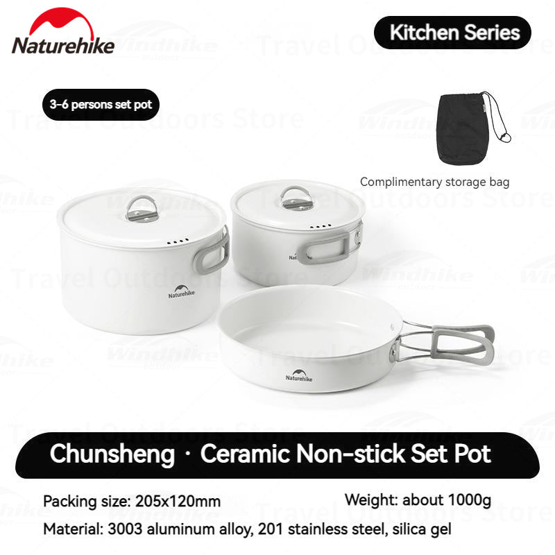 Naturehike Ceramic Non-Stick Set Of Pots And Frying Pans Portable Tableware  Stackable Cookware Folding Handle Stainless Steel Aluminum Alloy