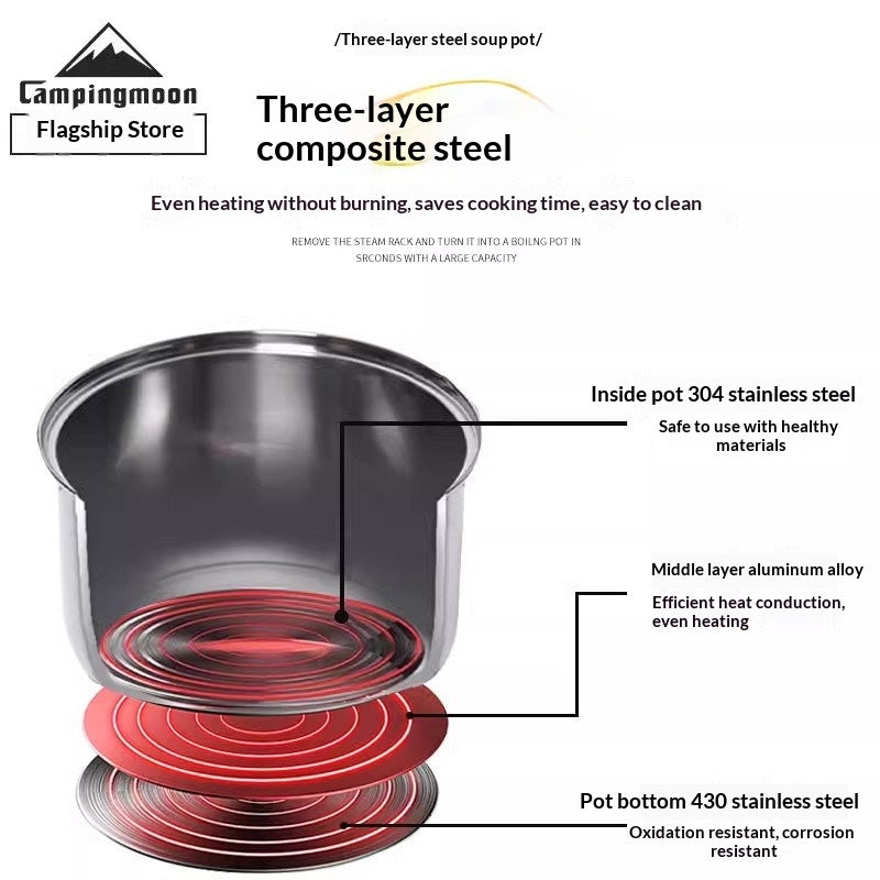 Campingmoon Stainless Steel Camping Cookware Set Portable Lightweight Large Capacity Hanging Pot Single-Handed Draining Pot Home Outdoor Camping