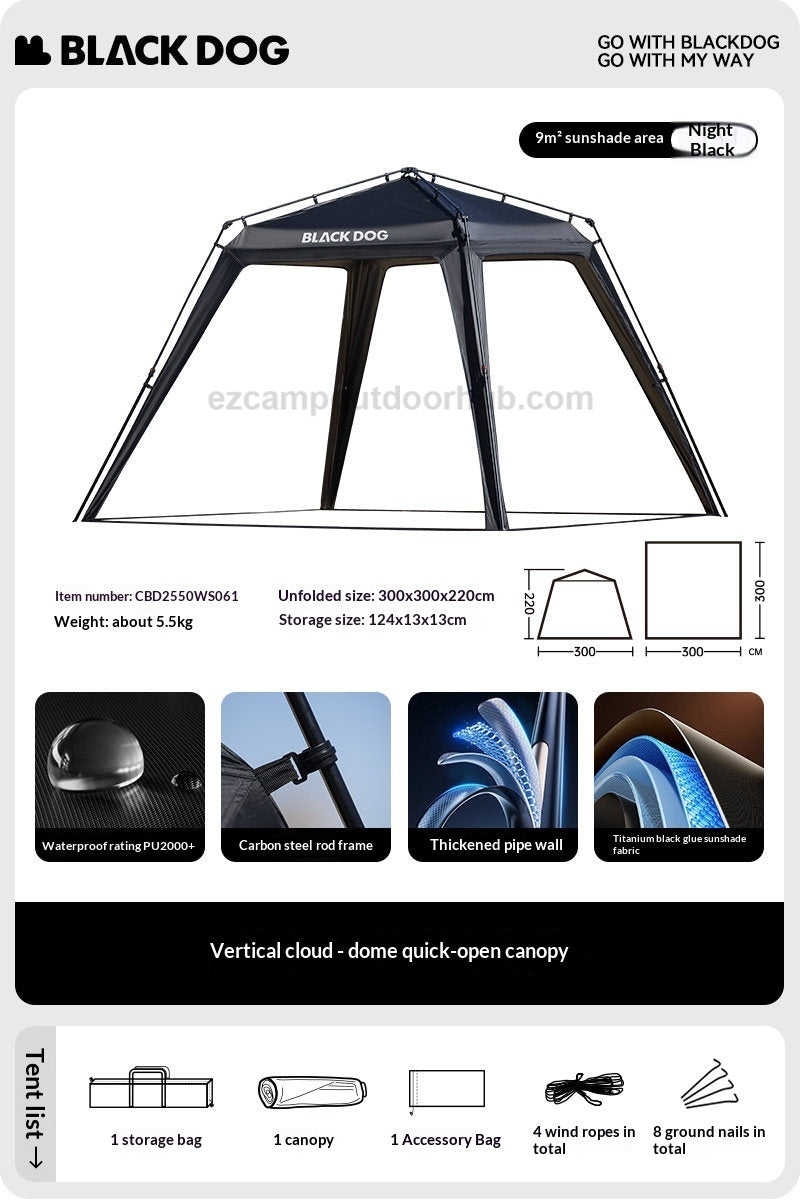 Blackdog DOME SKY Lite Automatic Tent Portable Fast Build Modular Tent Tarp Canopy Waterproof Black Vinyl Coated Sunscreen 9m² Shade Area Outdoor