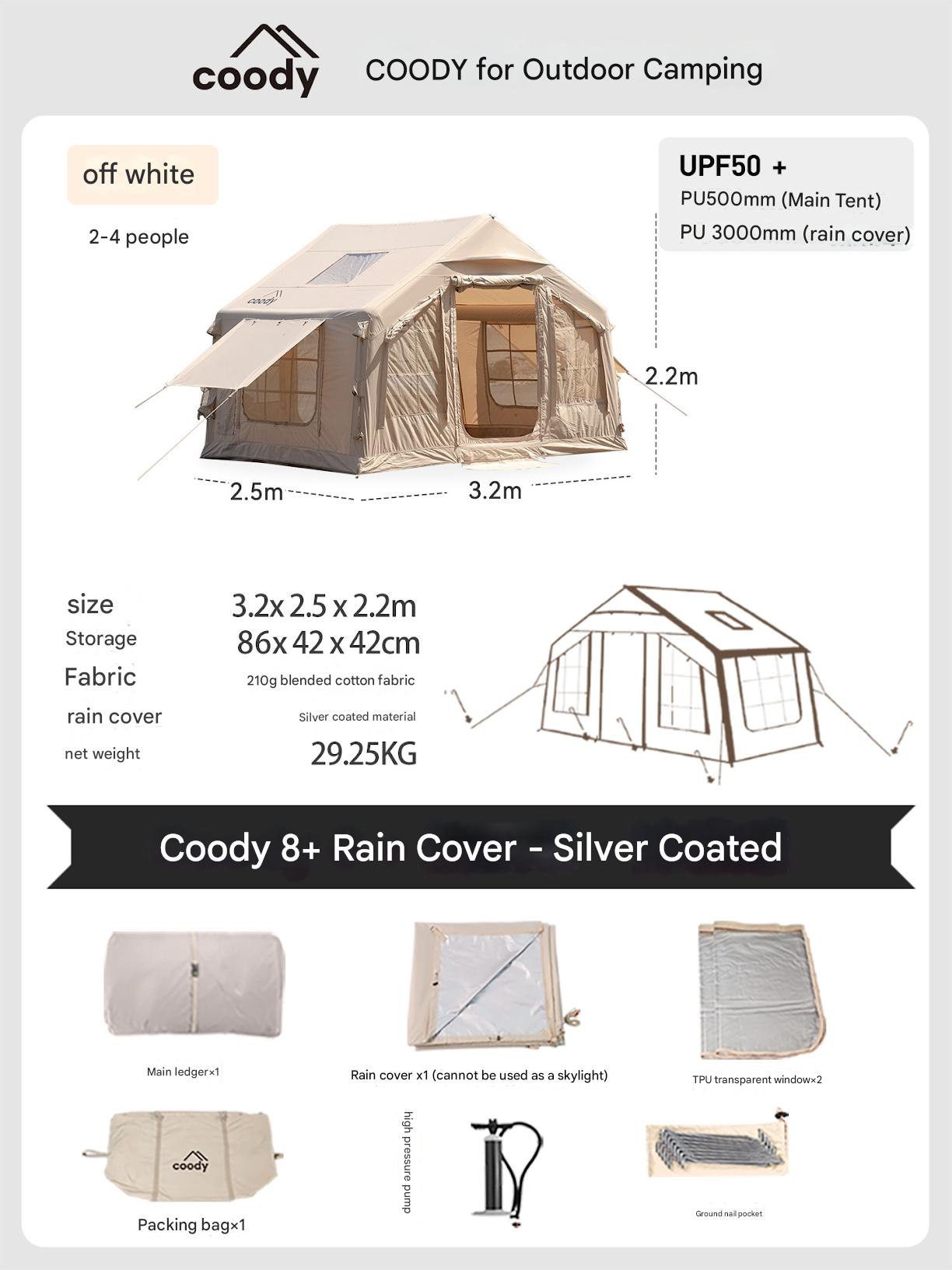Coody Premium Cabin AIR 8.0 Air Inflatable Tent 4-6 Person 8m² Interior Space Blended Cotton Waterproof Outdoor Black Vinyl Coated Sunscreen