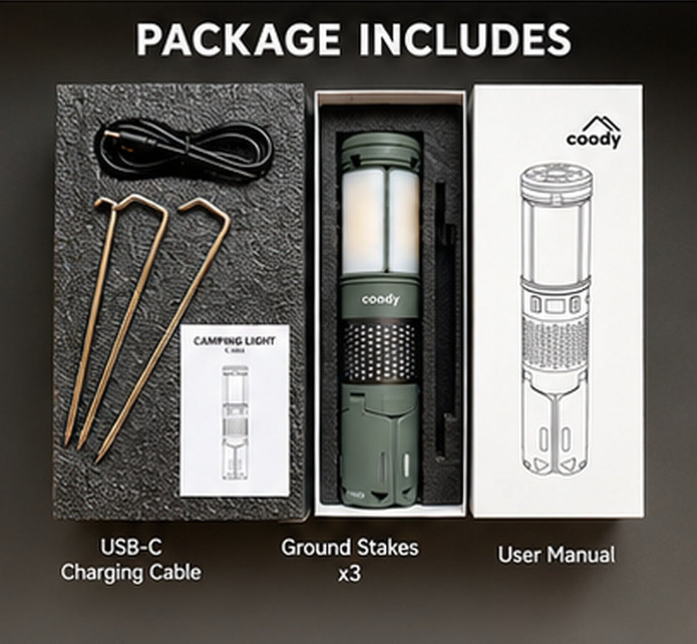 Coody C-3065 Telescopic Tripod Lamp Portable Multifunctional 3 Adjustable Light Modes LED Camping Lantern IPX4 Waterproof USB C Charging Light Outdoor