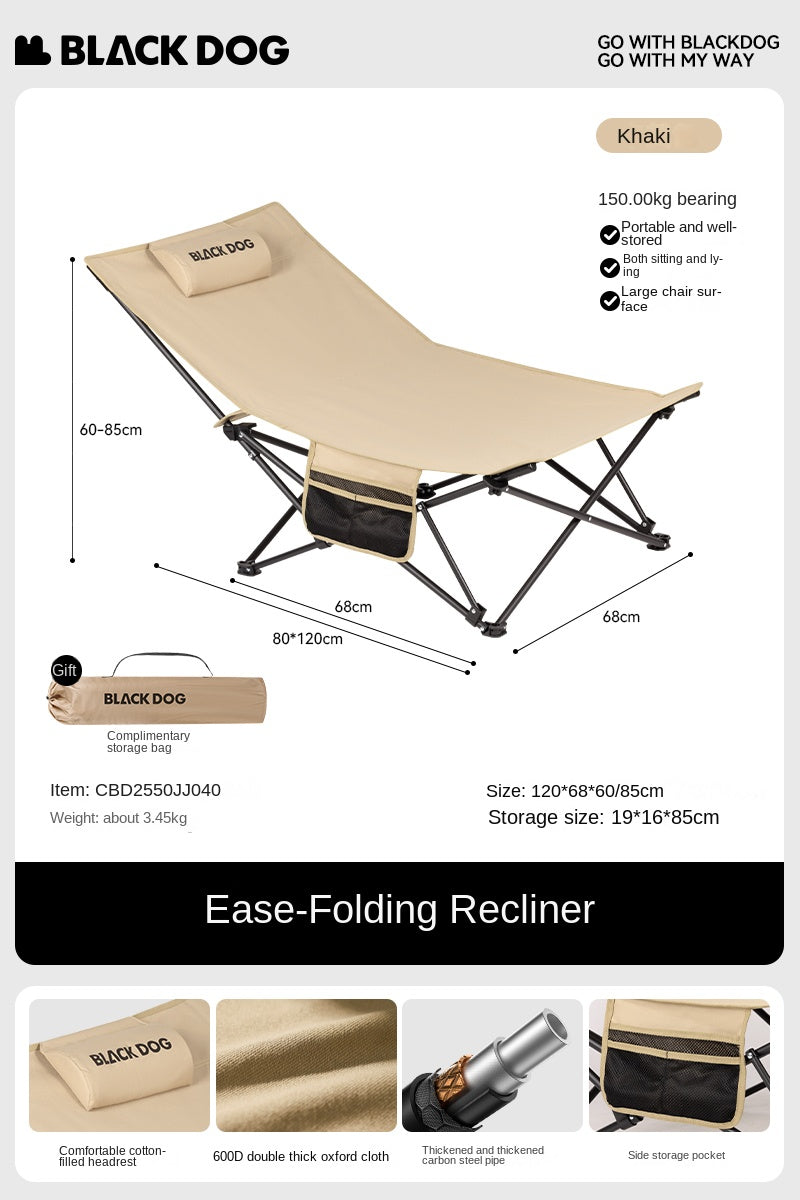BLACKDOG Black Foldable Camping Lounger Portable Leisure Chair and Bed 2 in 1 Reclining Removable Headrest Pillow Folding Office Balcony Chair